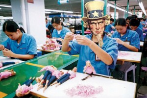 Uncle Sam working on a line in Chinese workshop